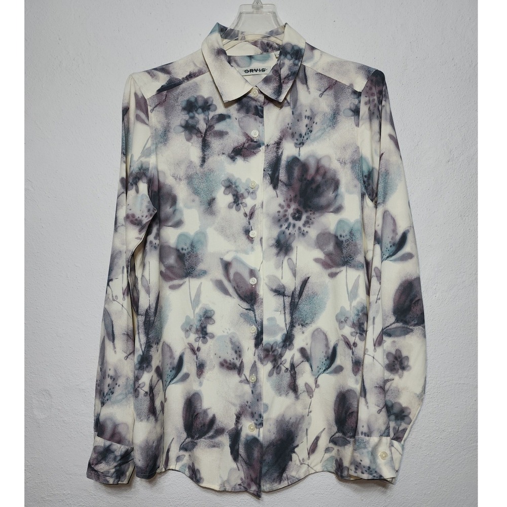 Orvis Button Down Shirt Women Small Cream 100% Silk Floral Watercolor Blouse